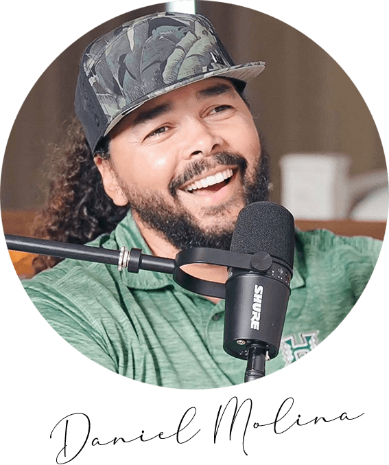Daniel Molina smiling behind a podcast microphone, with his signature below